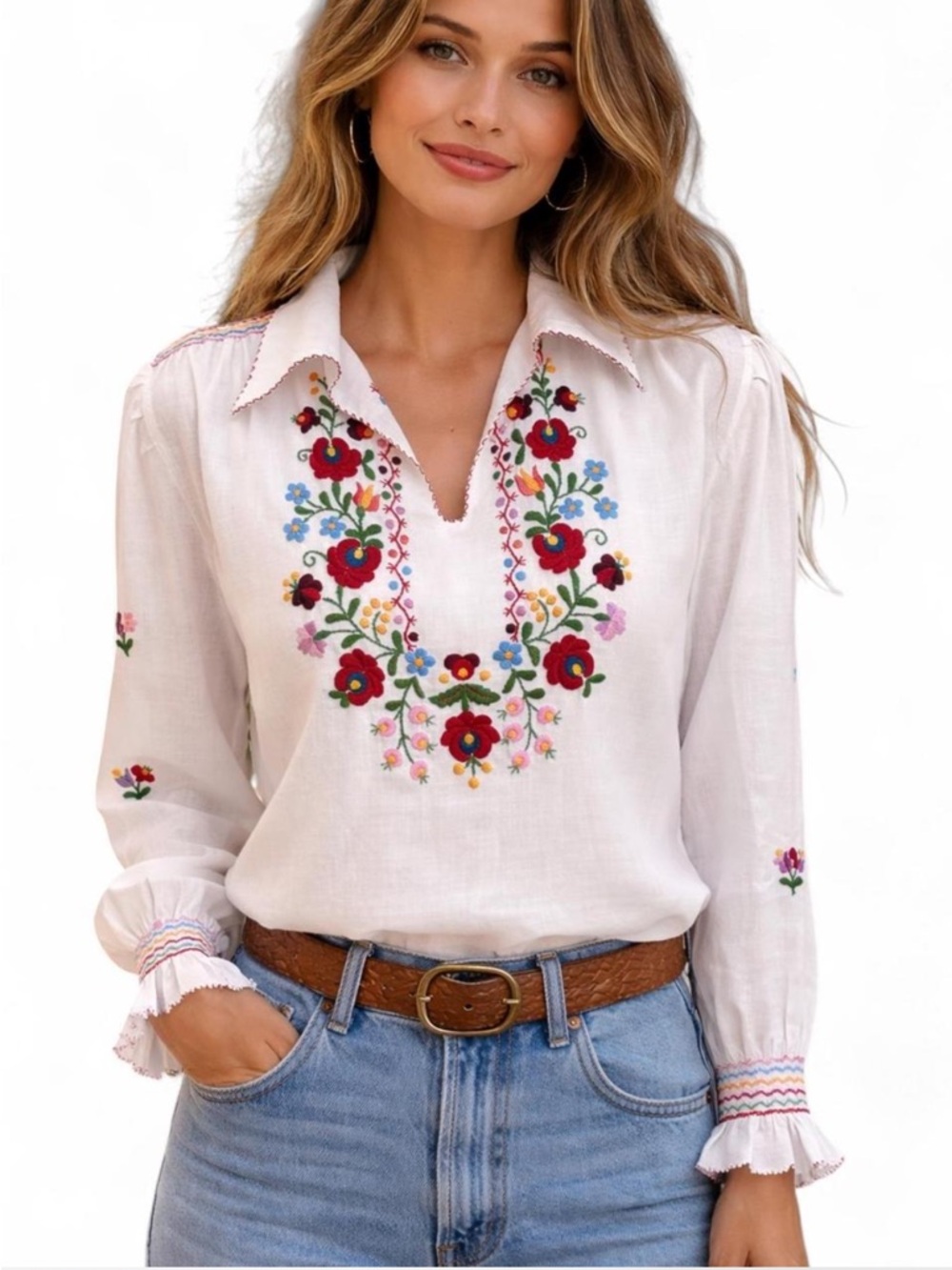 Vintage Hungarian Women’s White Embroidered Floral V-Neck Top